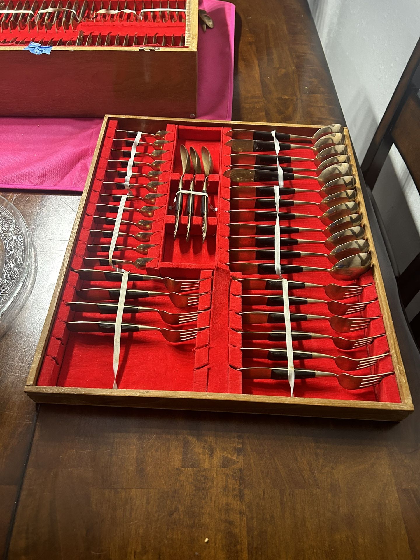 Vintage Thailand Bangkok Bronze Brass wood handle Flatware 143 pieces