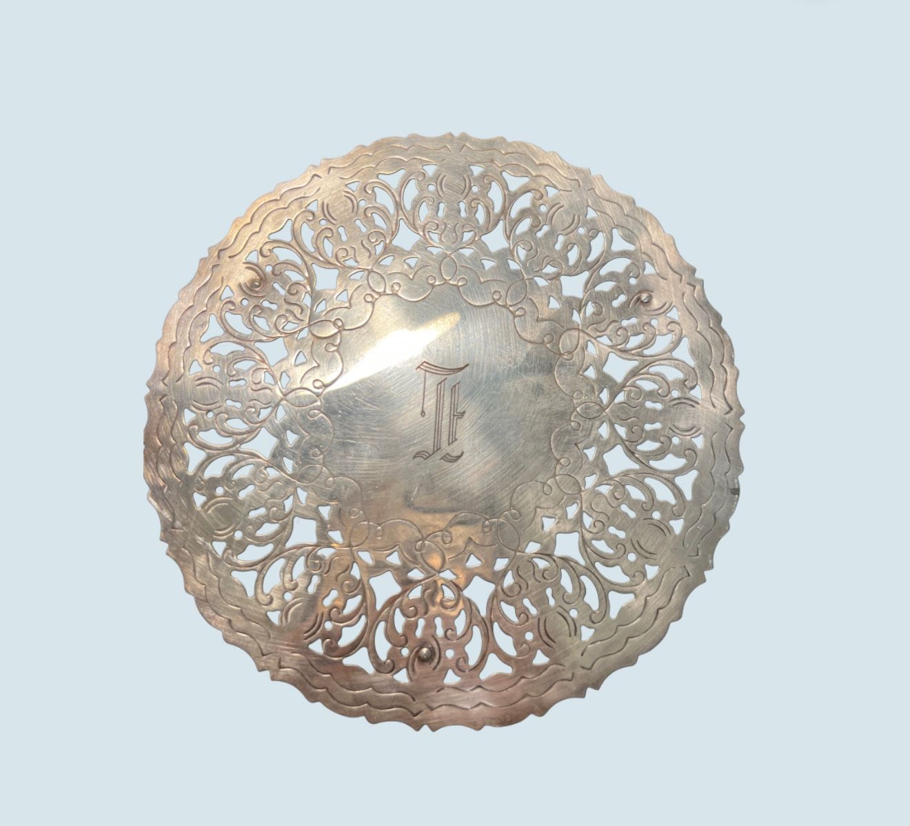 William Adams WA Italy 1950s Pierced Reticulated Silverplate Trivet, 7.5”