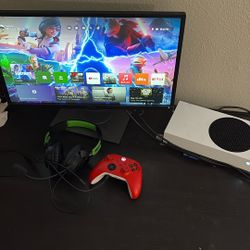 Xbox series S, headset, controller, and monitor 