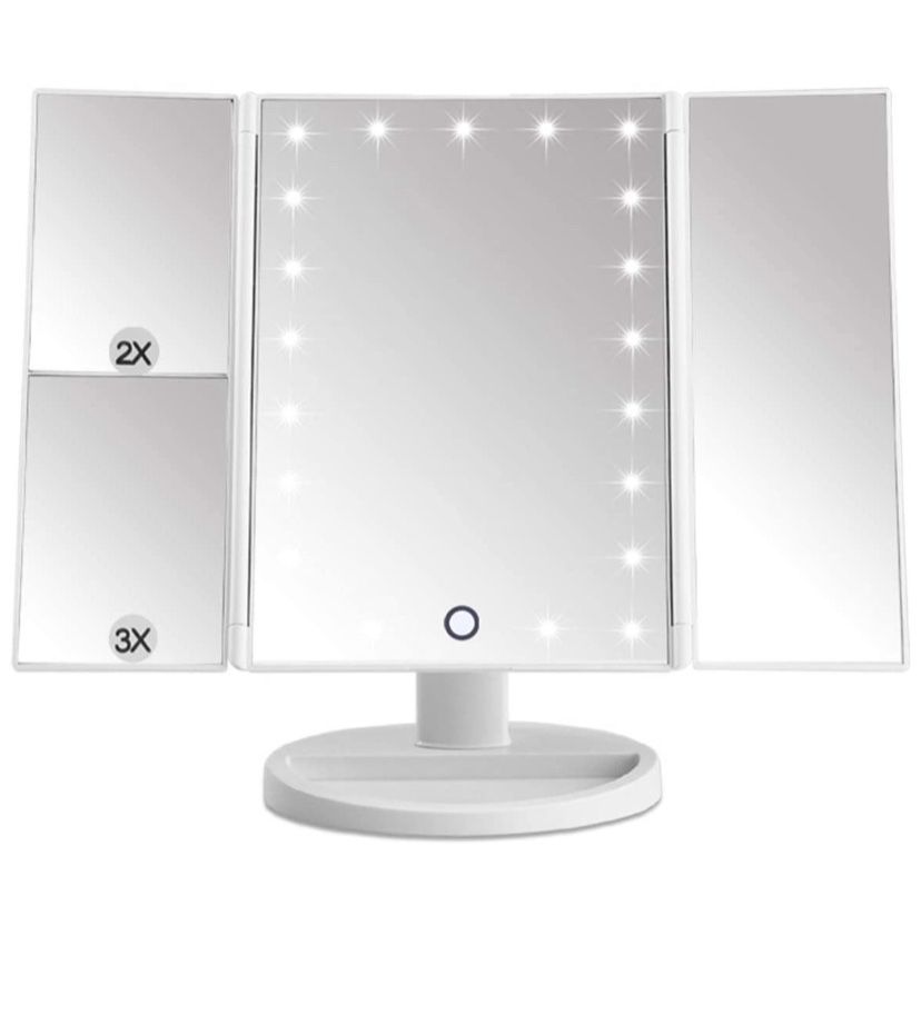 Makeup Mirror 21 LED Vanity Mirrors Tri-Fold Adjustable with 3X 2X Magnification 180 Degree Free Rotation USB Charing Mirror for Cosmetic Travel Table