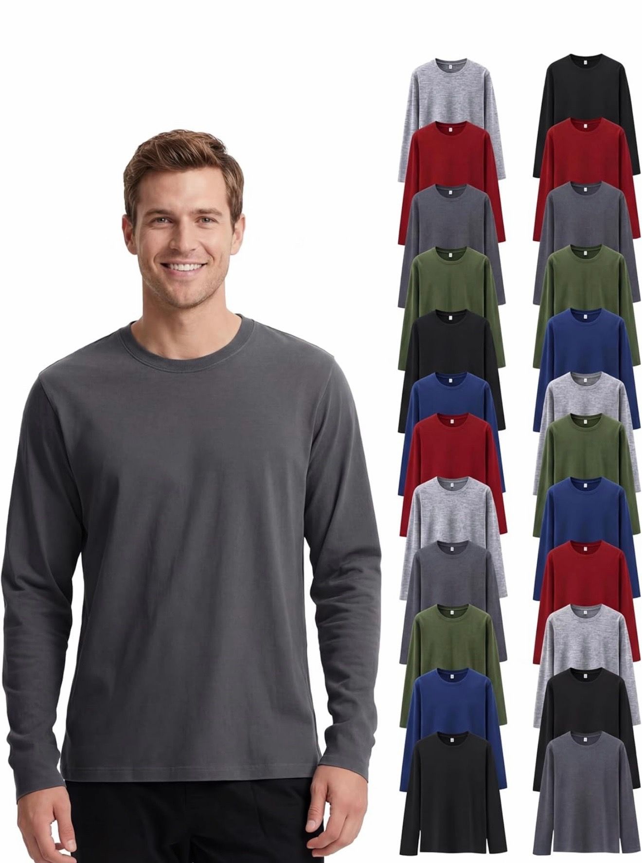 6 Pack Shyyween Mens Long Sleeve T-Shirts Bulk Basic Soft Crew Neck Cotton Tees Long Sleeve Shirt