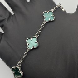 Solid 925 Sterling Silver Green Clover 7” Bracelet