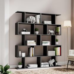 Set of 2, S-Shaped Modern Bookcase Room Divider, Geometric Wood Book Shelf, 62" Tall Bookcase with 5-Tier Display Shelf, Black