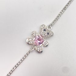 Solid 925 Sterling Silver Teddy Bear Bracelet – Purple Heart CZ Charm Jewelry