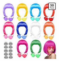 PLULON 10 Pcs Colorful Bob Wigs with Heart Glasses Neon Colored Party Wigs