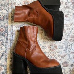 KALTUR Platform Ankle Boots – Brown Leather, Chunky Heel - Size 8 W