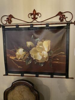 Faux Leather Wall Hanging With 2 Iron Scroll Sconces / Hurricane Lamps 