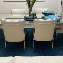 Free Modern Mirror Table 4 White Chairs Blue Rug