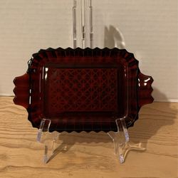 Vintage Anchor Hocking Royal Ruby Red Handled Relish Dish Vintage Glass 7 1/2” x 4”