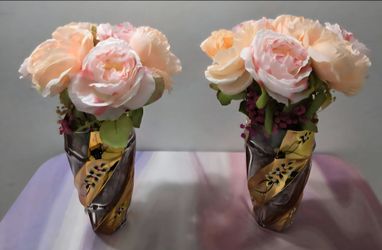 *** CLEARANCE *** Decorative Vases with Faux Pink/Peach Rose Bouquets in Gypsophila & Polished Stone ($20 EACH) @ Lasting Creations