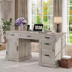 Walnut,Walnut, Walnut 55'' Farmhouse Desk Home Office with Drawers, Walnut