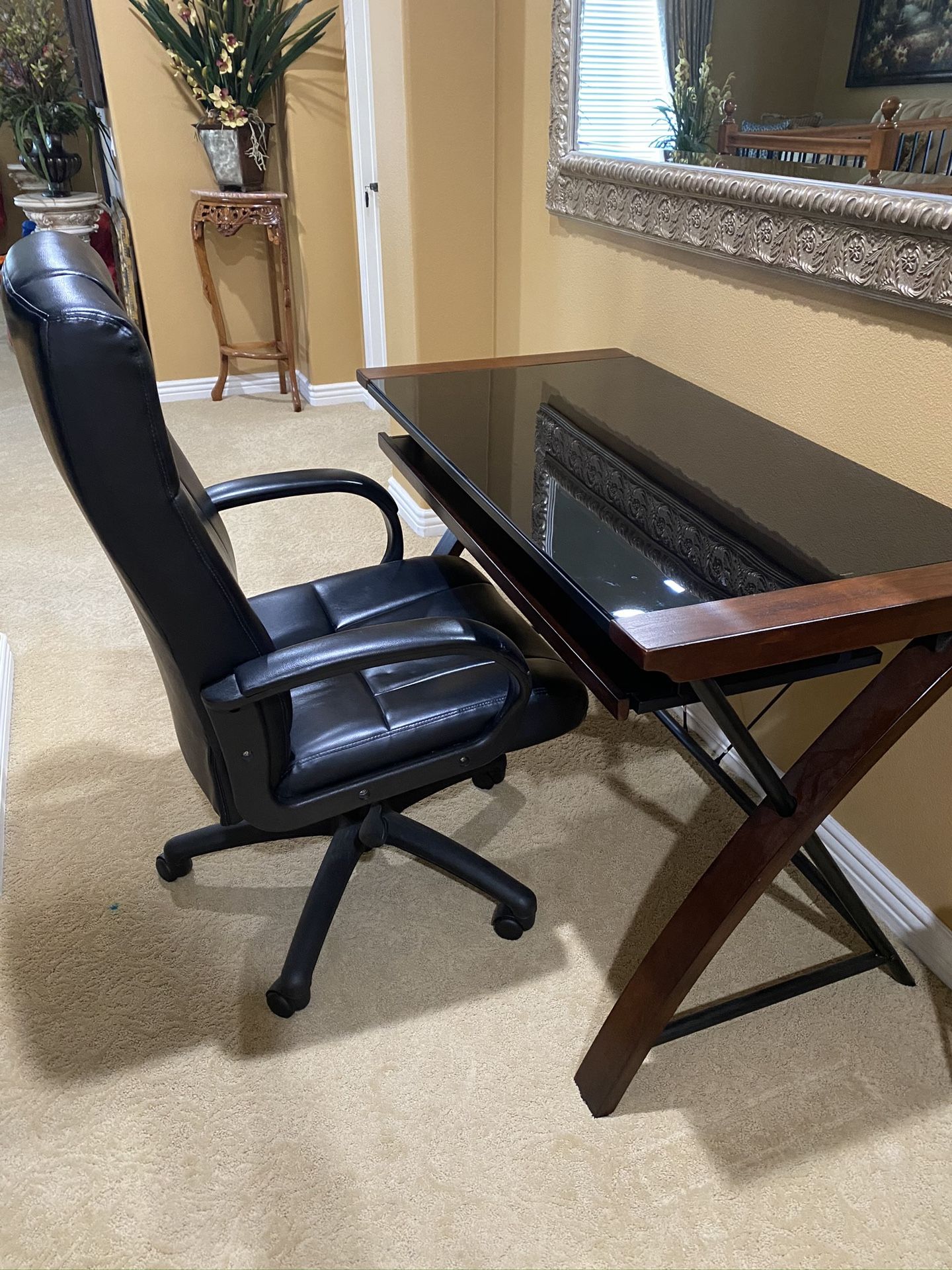 Good condition wood desk and leather chair