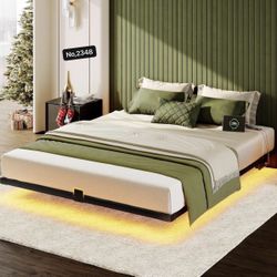 Floating Queen Bed Frame with LED Lights & Charging Station, Modern Metal Platform Bed Frame with Mattress Slide Stopper, Black