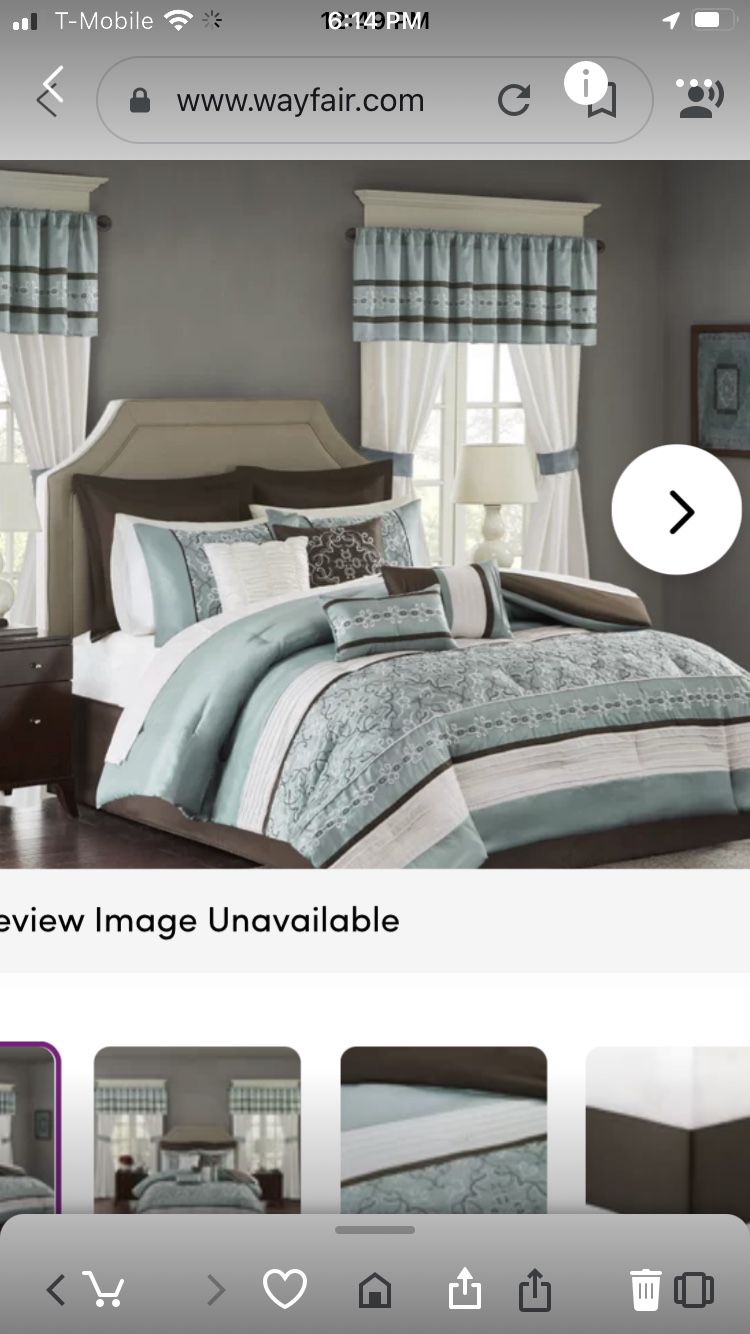 Wayfair King Size Bedding with comforter, pillows, shams, bed skirt, curtains.
