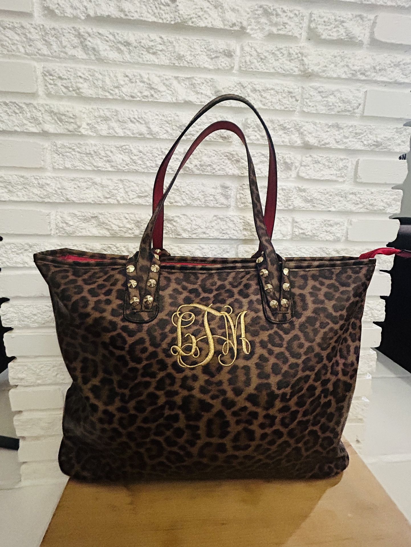 1JM Brown Leopard Leather Shopping Tote Purse Hand Borse NWT
