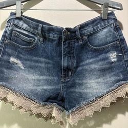 Free People Shorts Womens 26 Blue Ruffle Distressed Lace Hem High Rise