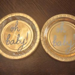 7in Gold Party Snack Plates with 'oh baby!' Design 40qty