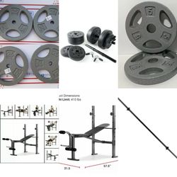 160lbs of Standard weight plates/WEIDER Bench press /leg curl/extension/5ft barbell/2-Dumbell handles(All you need to get started with your home gym)