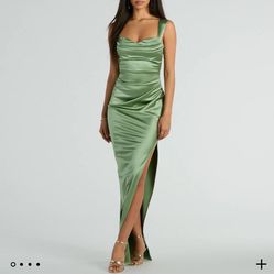 Green Silk Slit Dress 