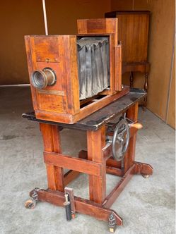 Antique Wooden Bellows Studio Camera with Rolling Stand