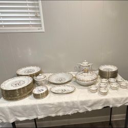 Vintage Porcelain Dinnerware Set with Gold Trim