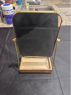 Gold Tabletop Vanity Mirror w/ Wood Tray – 4x7x11”