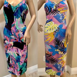 Set Of 2 Tropical Print Midi Beach Summer Party Travel Dresses 