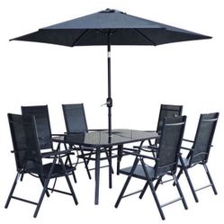 8-Piece Outdoor Patio Dining Set with Tilting Umbrella, Glass Table, & Folding Chairs