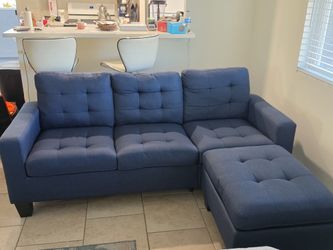 Sectional Sofa with Ottoman – Acme Earsom, Navy Blue Linen, L-Shaped