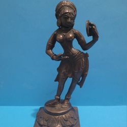 Vintage Apsara Looking in Mirror Dancing Lady Bronze Statue Figurine Handmade 7".
