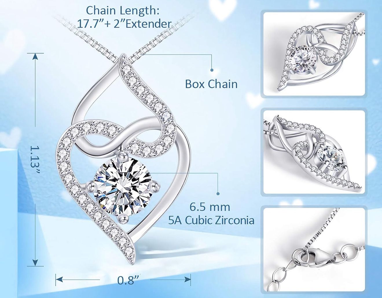 Heart Necklace-5A Cubic Zirconia Heart Pendant Necklace-14K White Gold Plated Infinity Heart Necklaces for Women-Jewelry Gifts Necklaces for Women