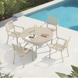 New-Outdoor Patio Dining Set, Patio Table and Chairs, Metal Outdoor Dining Set, 5 Piece Set with 4 Stackable Chairs and 40.6 Inch Round Table for Deck