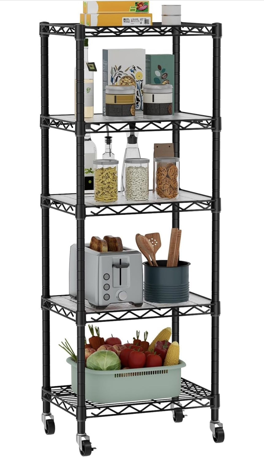 Small 5 Tier Shelves Storage Wire Shelving Unit Metal Shelf Adjustable Organizers Storage Shelving with Wheels for Bathroom Laundry Room Kitchen Pantr