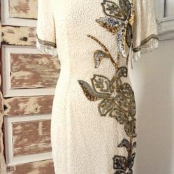 White and Gold Sequin Cocktail Dress / 80s Vintage 