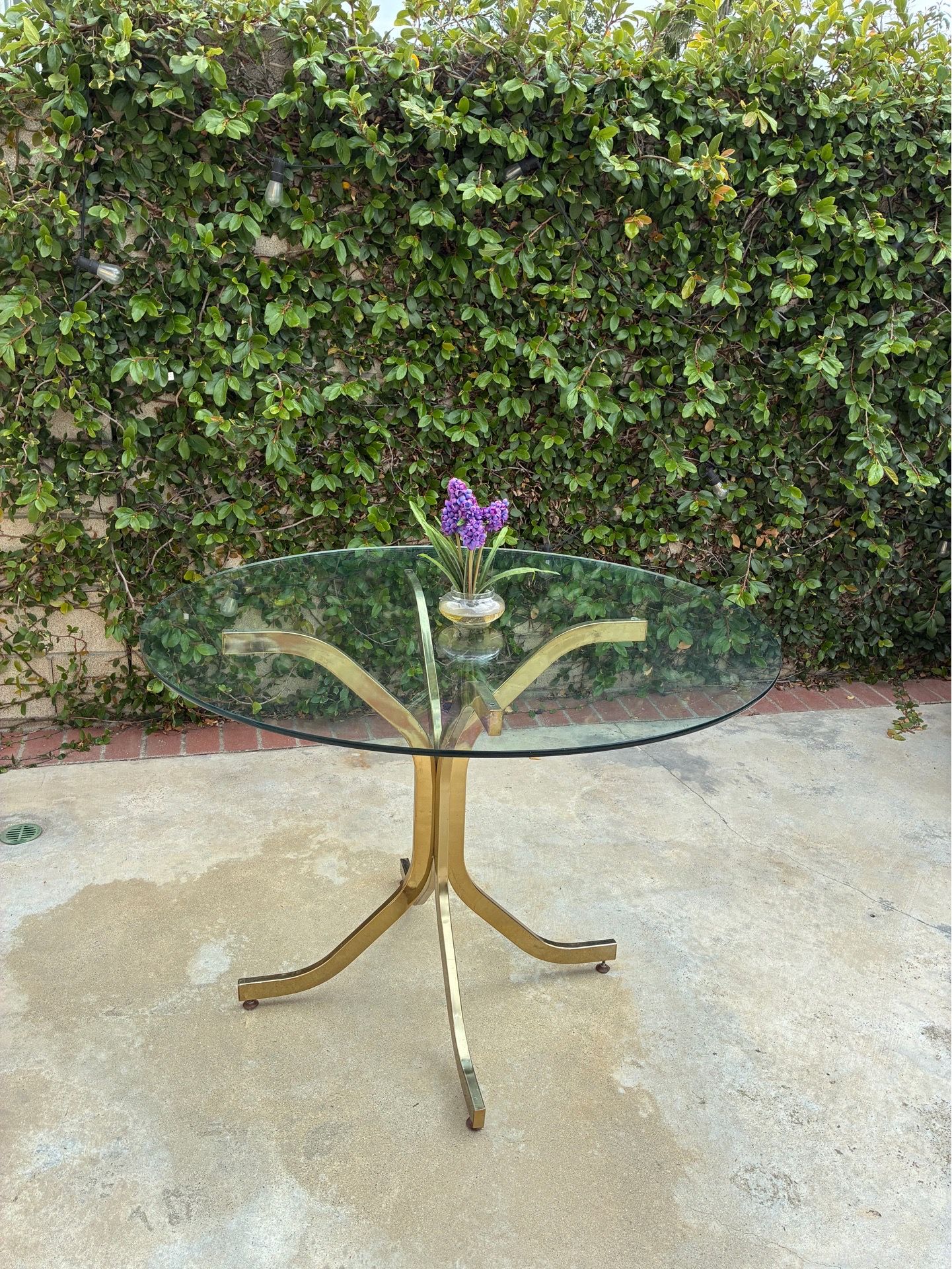 1980’s Postmodern Hollywood Regency Brass & Glass Round Dining Table