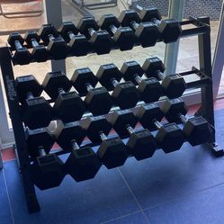 Brand New In Box 5-50 Lb Rubber Coated Hex Dumbbell Set W/ 3- Tier Rack