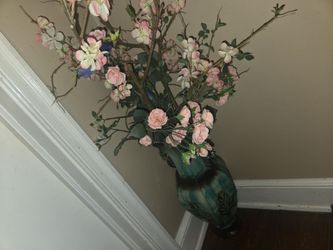 Teal Ceramic Vase with Faux Floral Arrangement