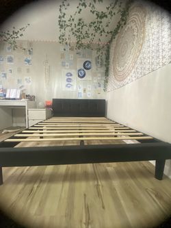 Black Upholstered Platform Bed Frame with Slats