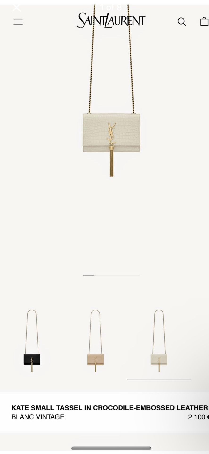 YSL Calfskin Crocodile Embossed Kate Tassel Satchel Crema Soft 8 × 5.5"