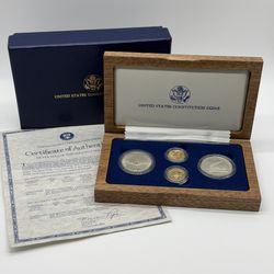 1987 4-Coin US Constitution $5 Gold & Silver Dollar Set Proof &In Box w/ COA