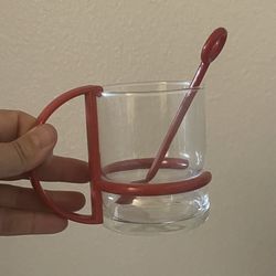 VTG 6 pcs coffee or tea glass cups with red holders & spoons- set
