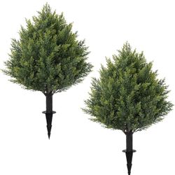 2FT Artificial Cedar Topiary Ball Trees with Ground Spike, Set of 2 Faux Cypress Plants  Resistant Artificial Pine Shrubs Fake Bushes (2FT $30)(1FT$20