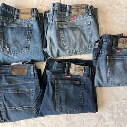 Five Pairs Of Blue Jean Denim Work Construction Casual Pants 36x32 Wrangler , Buffalo David Bitton Bundle 