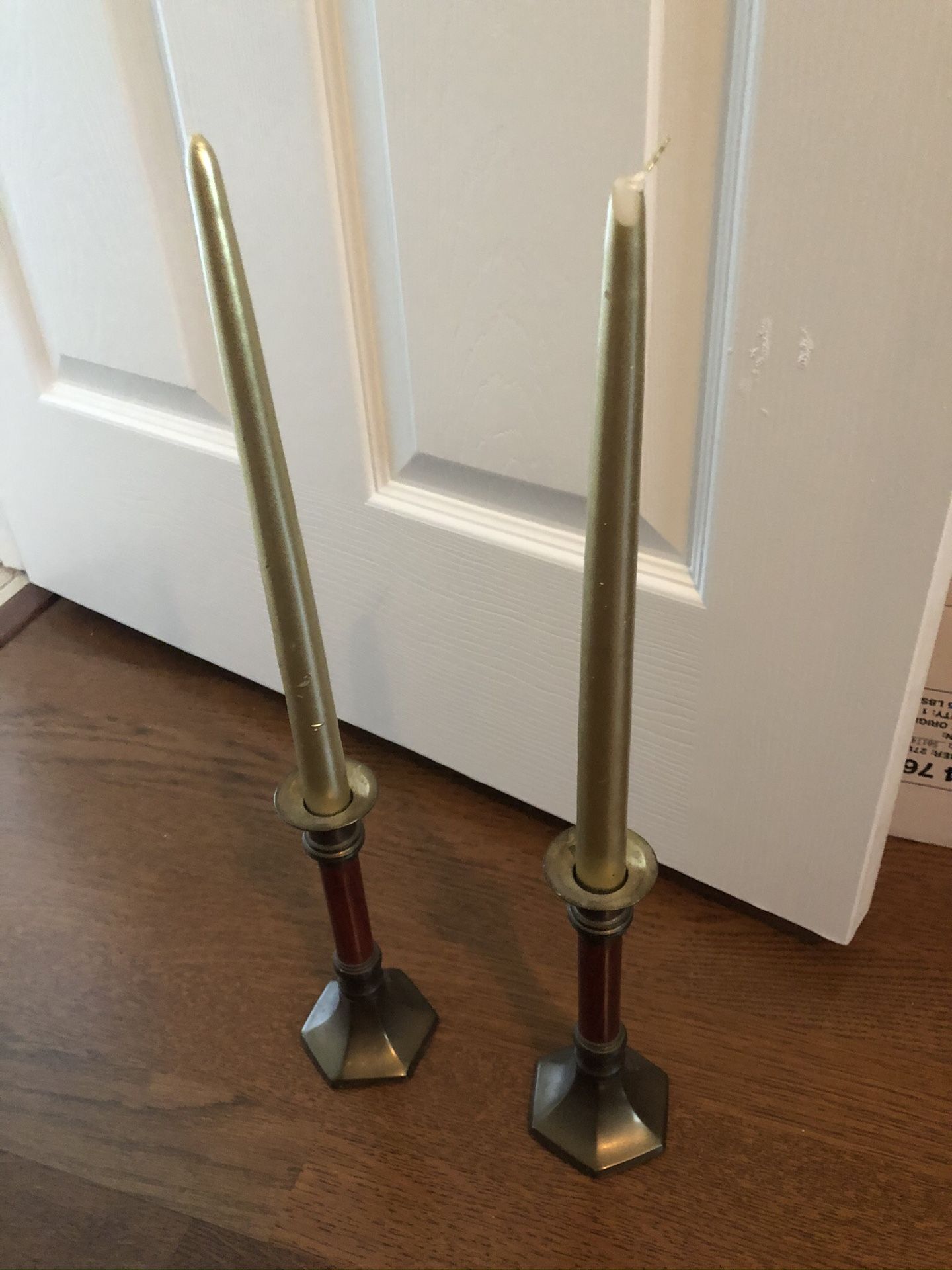 Set of gold/ maroon / olive candlesticks