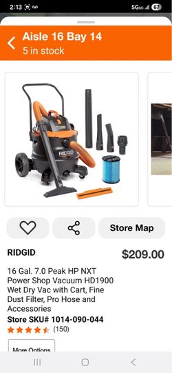 16 Gal. 7.0 Peak HP NXT Power Shop Vacuum HD1900 Wet Dry Vac with Cart, Fine Dust Filter, Pro Hose a