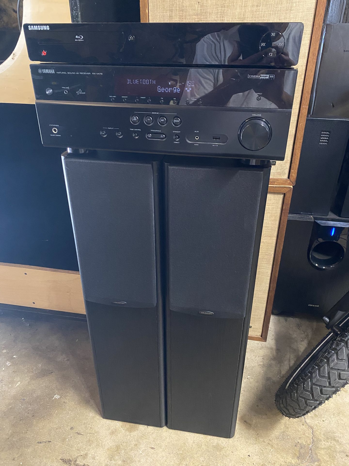 YAMAHA STREAMING STEREO MUSIC SYSTEM WITH BLUETOOTH/SAMSUNG HDMI CD BLUERAY PLAYER WITH CELESTION FLOOR SPEAKERS π