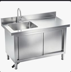 Freestanding Stainless Steel Utility Sink with Cabinet, Pull-Out Faucet & Workstation for Laundry Room, Garage & Commercial Kitchen. Assembly is requi