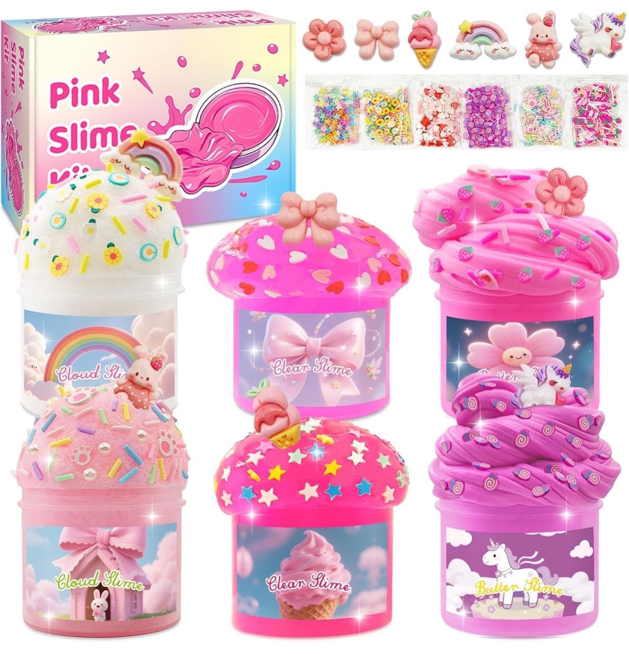 6 Pack Slime Kit, Pink Slime for Kids Slime Kit for Girls Ages 8-12, Slimes Party Favors with Cloud, Clear & Butter Slimes, Birthday Gifts for 9 10 11