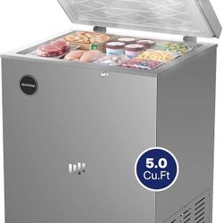 5.0 Cu.Ft Chest Freezer Mini Deep Freezer Silky Silver 7 Adjustable Temperature (-18°F to 10°F), Compact Top Door Freezer for Garage Ready, Apartment,
