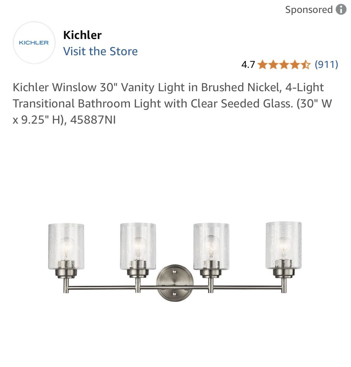 Kichler Winslow 30" Vanity Light in Brushed Nickel, 4-Light Transitional Bathroom Light with Clear Seeded Glass